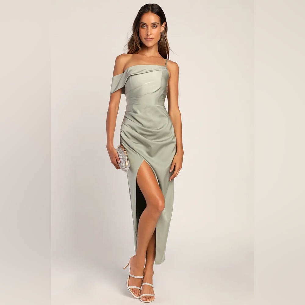 NEW Showing Off a Little Sage Green Asymmetrical Tulip Midi Dress